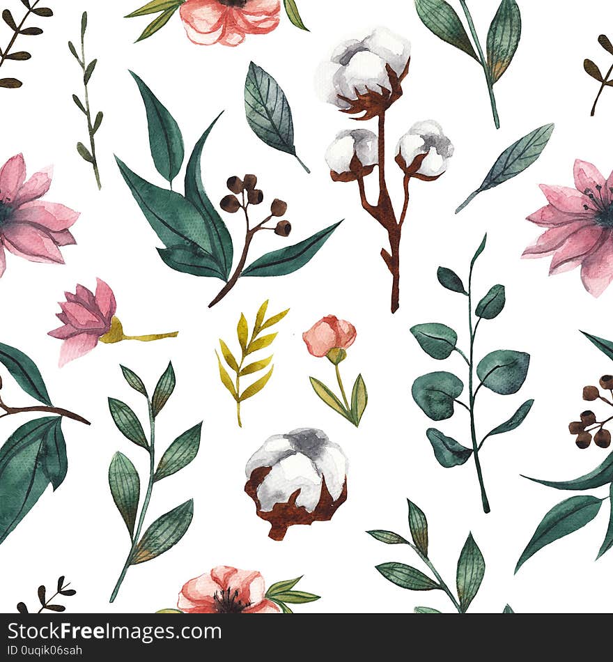 Seamless floral pattern with cotton flowers and eucalyptus leaves. Hand-drawn watercolor background