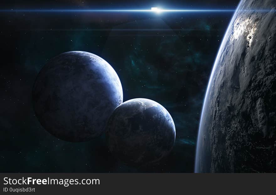 Planets of deep space in the light of a blue star. Science fiction. Elements of this image furnished by NASA