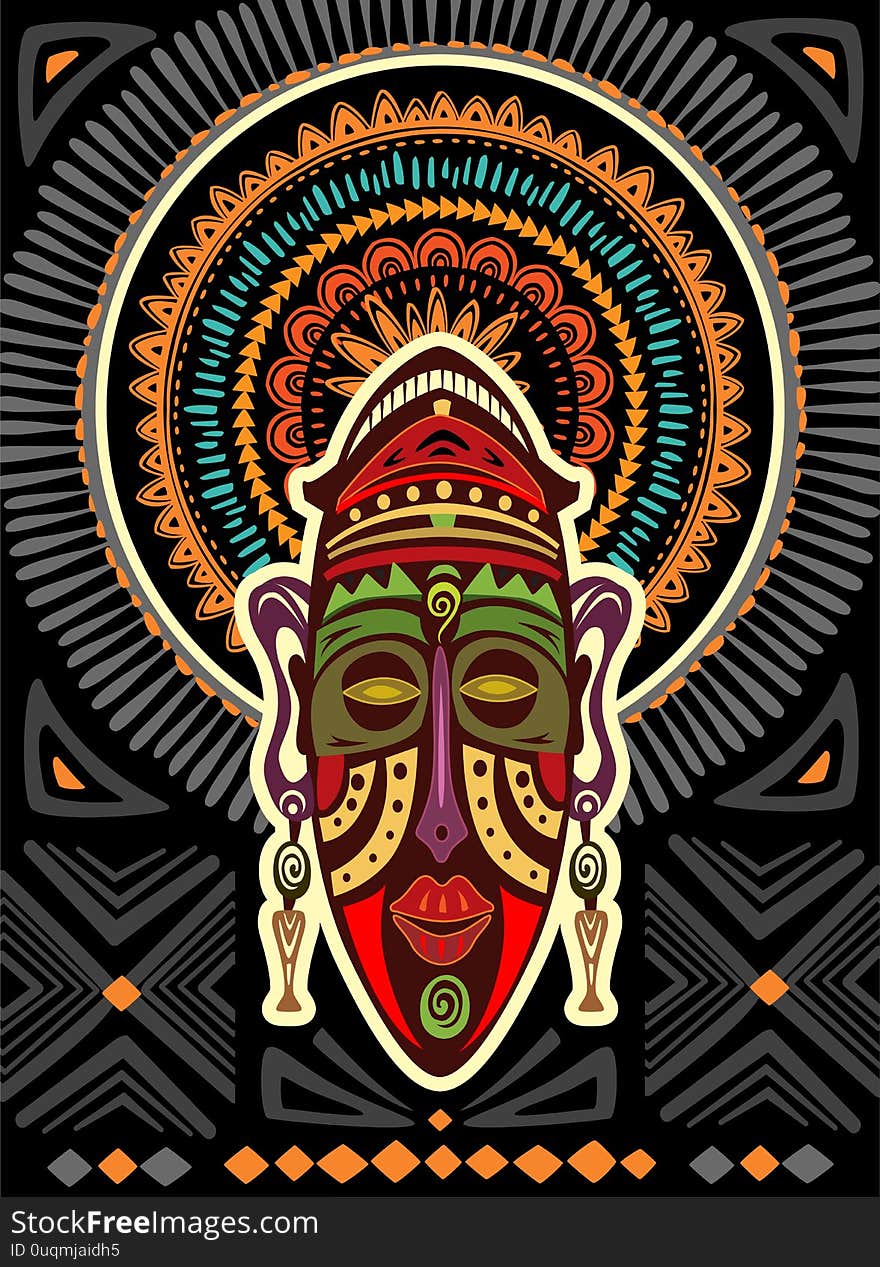 African mask on a background with geometric ornament. Design for poster, card, invitation, placard, brochure, flyer