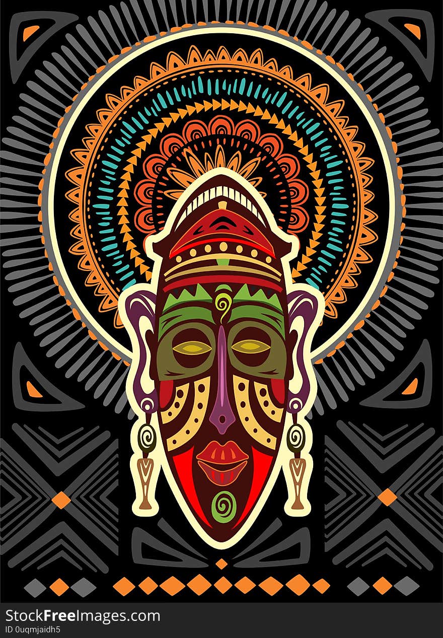 African mask on a background with geometric ornament