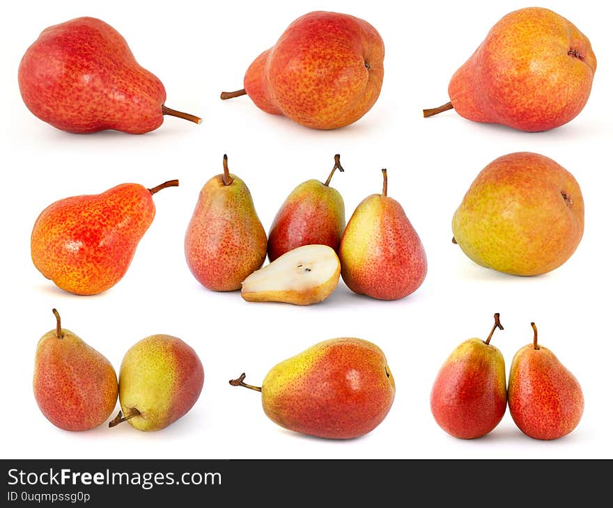 Various options for selecting and shooting pink and yellow barrels of Trout pears isolated on a white background of fragrant delicious and ripe fruit. Various options for selecting and shooting pink and yellow barrels of Trout pears isolated on a white background of fragrant delicious and ripe fruit