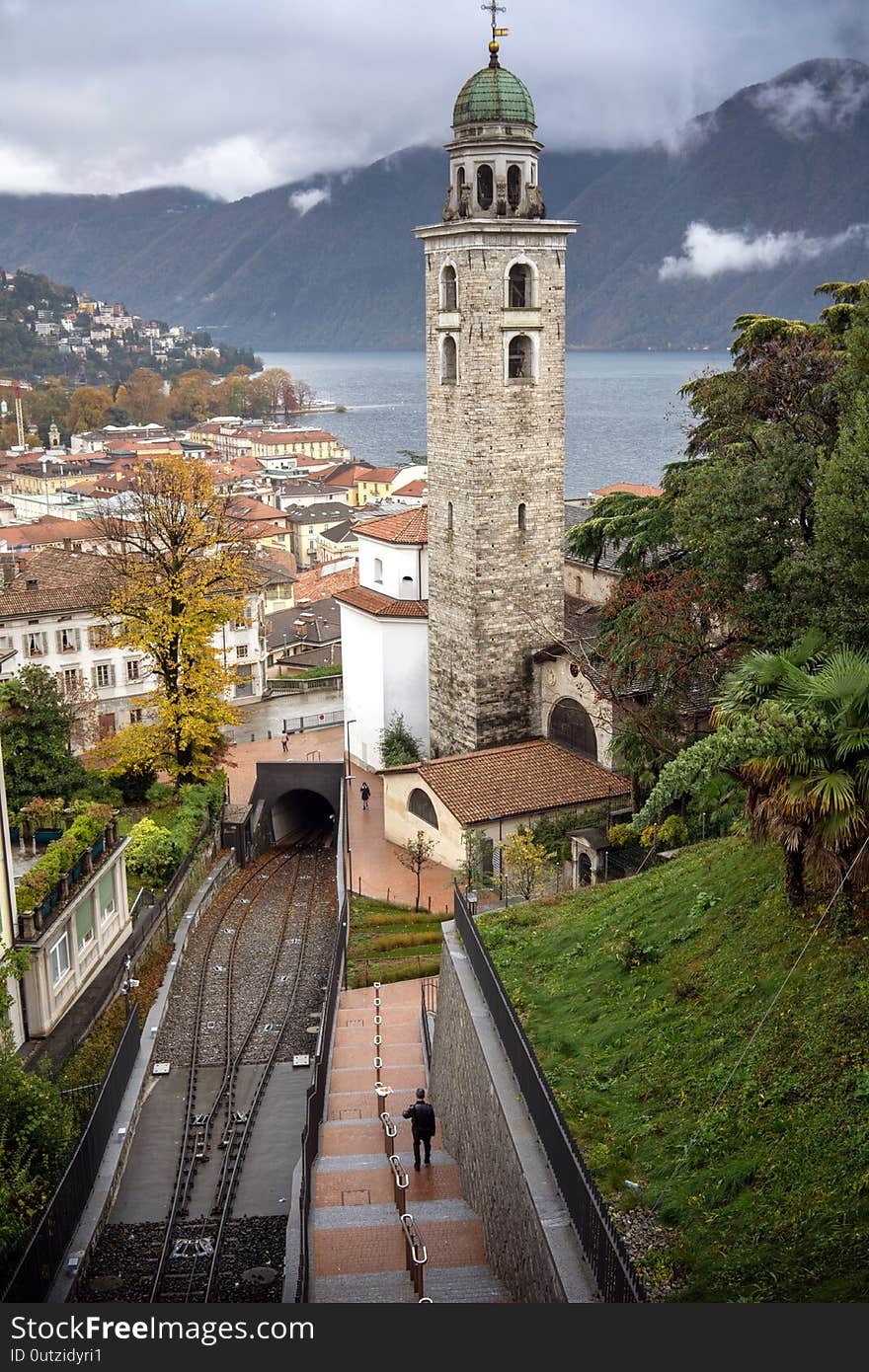 Switzerland. View of Cathedral of Saint Lawrence in Italian: di San Lorenzo and Lake Lugano. Switzerland. View of Cathedral of Saint Lawrence in Italian: di San Lorenzo and Lake Lugano