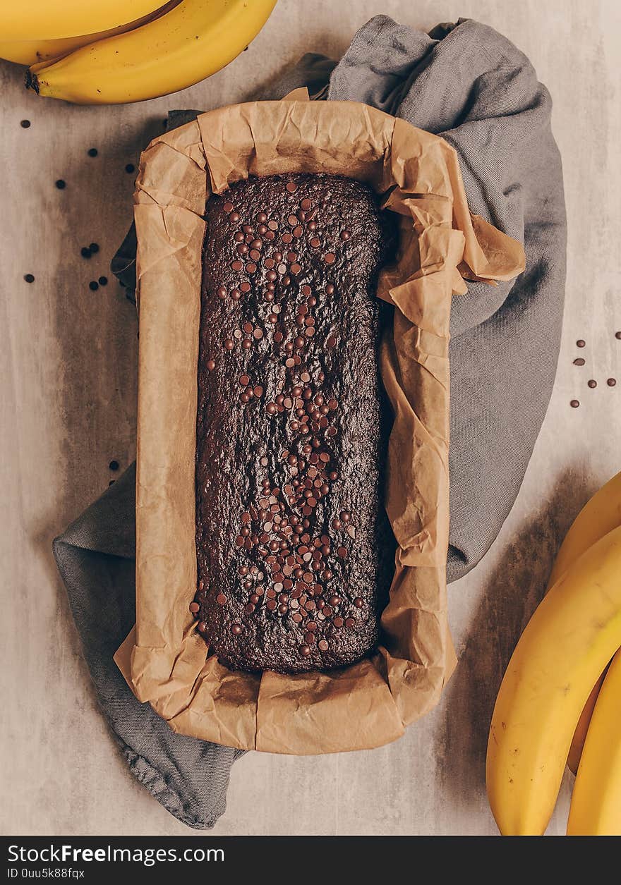 Fresh chocolate banana bread in baking tray