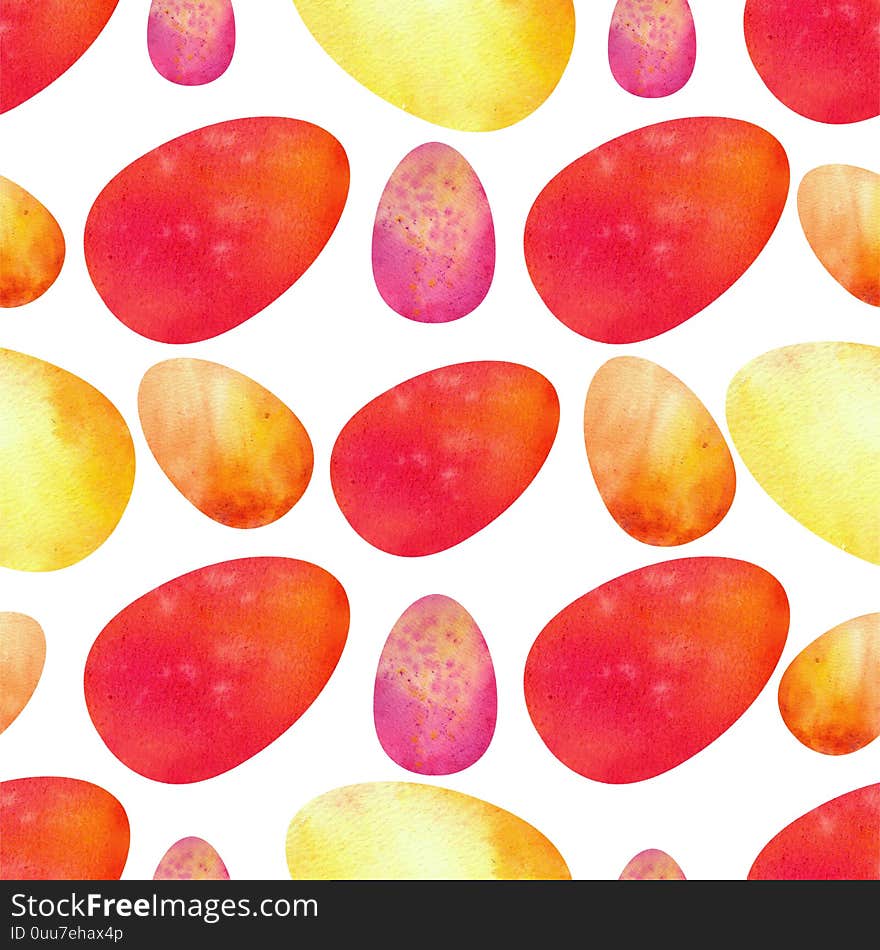 Colorful Easter eggs on a white isolated background. Seamless patterns. Watercolor illustration