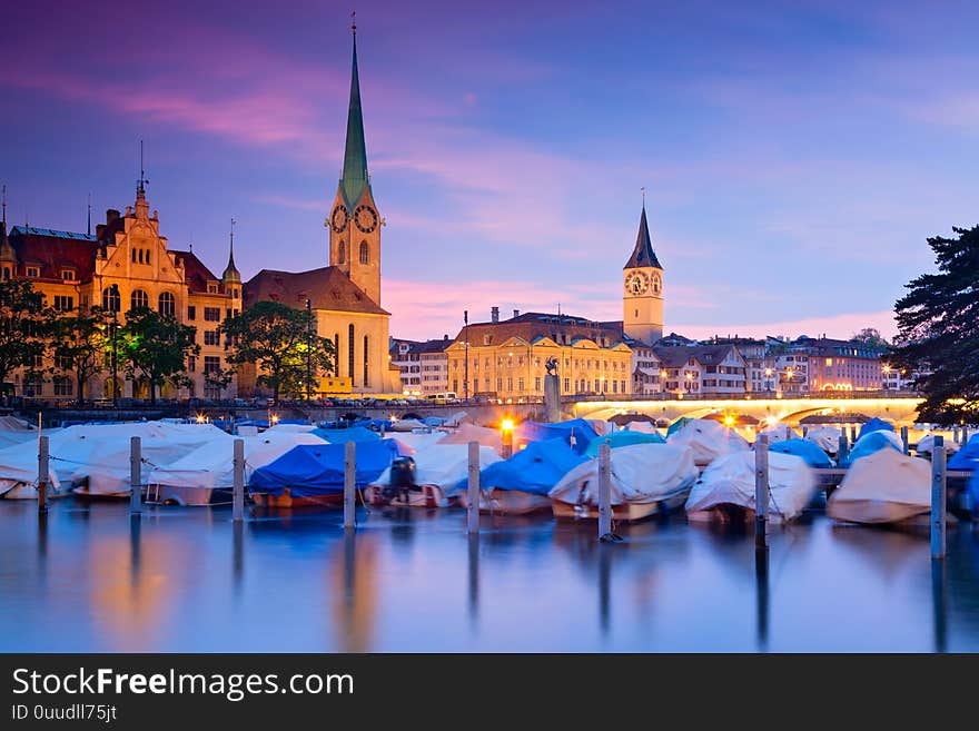 Downtown of Zurich city during blue hour, Switzerland. Downtown of Zurich city during blue hour, Switzerland