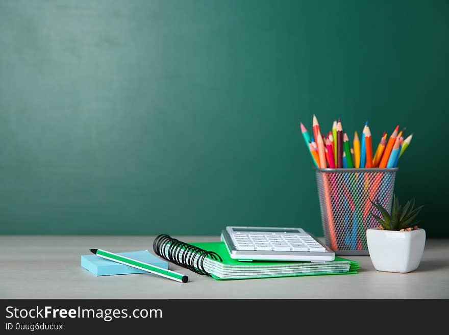 School Stationery On White Wooden Table, Space For Text.