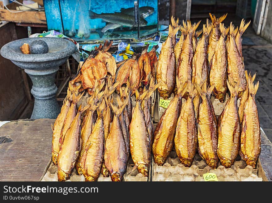 Smoked fish on stall Myakowski street market landmark of Gyumri Shirak Armenia eastern Europe. Smoked fish on stall Myakowski street market landmark of Gyumri Shirak Armenia eastern Europe