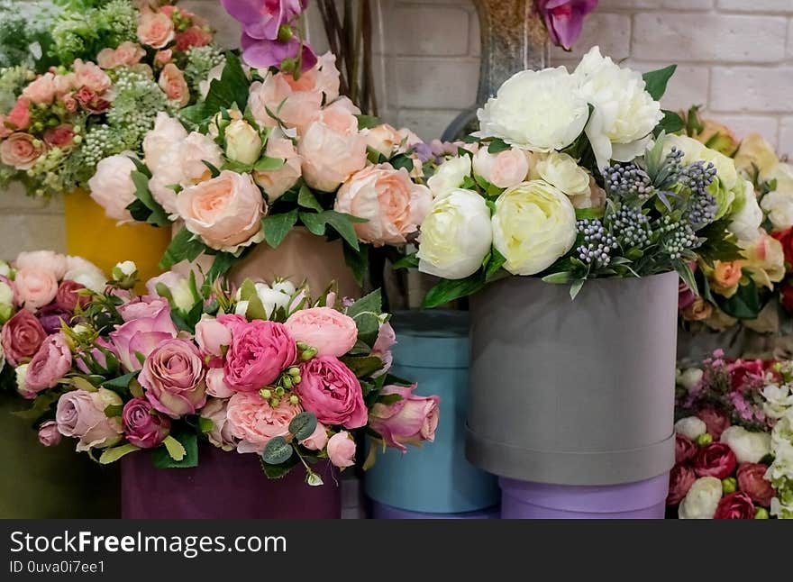 Artificial Flower Composition In Floral Shop. Floral Theme, Making Bouquets