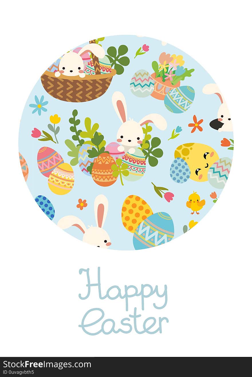 Vector Easter Rabbit with basket, decorative eggs and spring flowers, tulips. Blue Postcard with lettering. Circle round template. Vector Easter Rabbit with basket, decorative eggs and spring flowers, tulips. Blue Postcard with lettering. Circle round template.