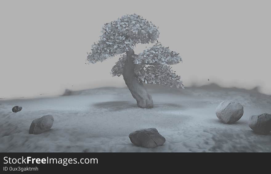 Mystical landscape 3d render, bonsai tree, nature, fantastic landscape