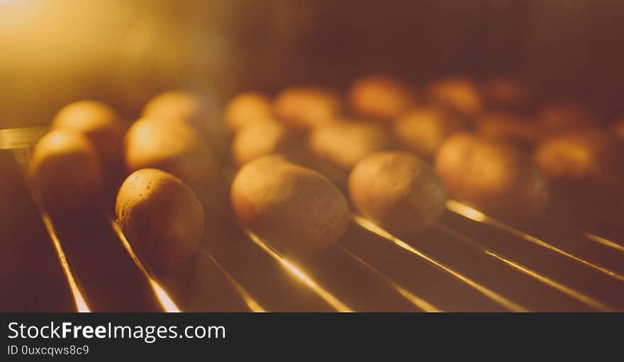 Whole potatoes in the peel baked in the hot oven.