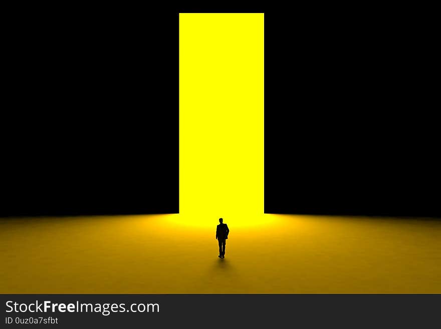 Success concept with businessman, Image of miniature businessman standing in front of open door on black wall background