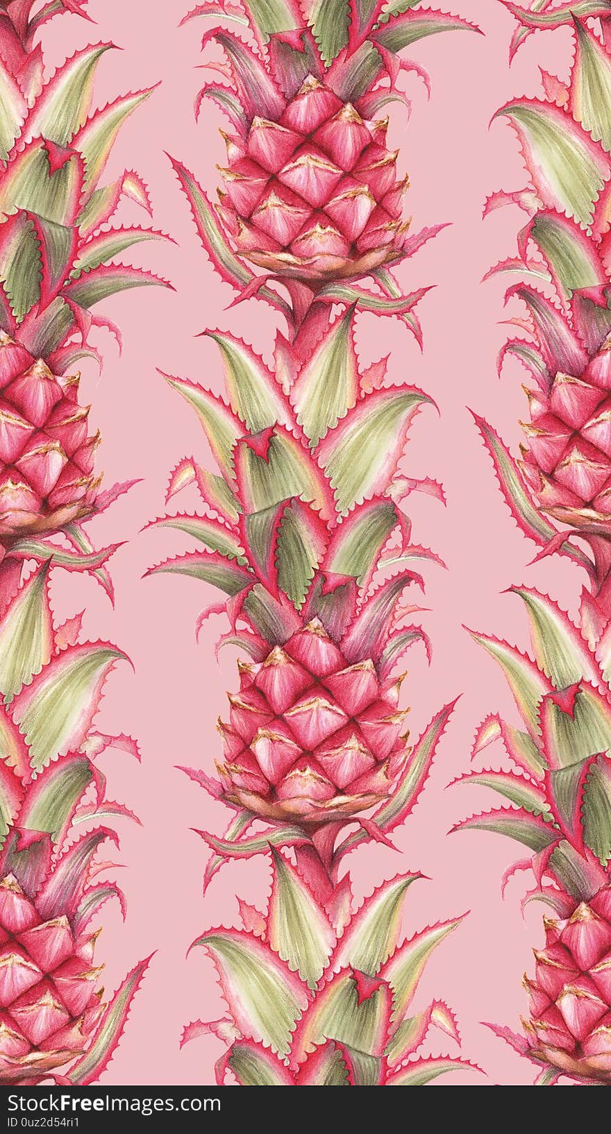 Red pineapple seamless pattern. Juicy tropical fruit watercolor background