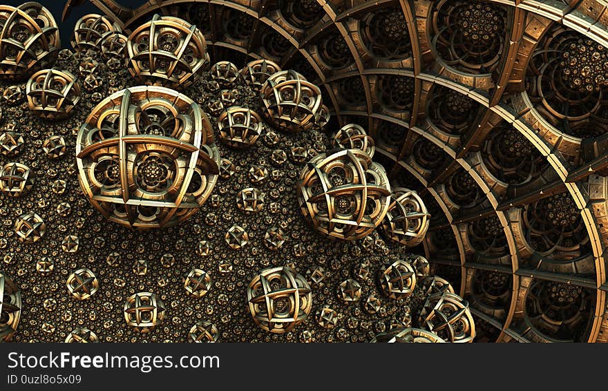 Abstract background 3D, fantastic ancient civilization architecture, gold render illustration