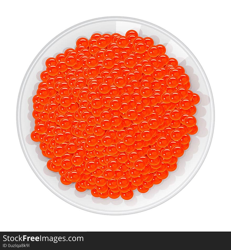 Red caviar in porcelain plate on white background. Cartoon style. Vector illustration. Isolated on white. Object for packaging, advertisements, menu