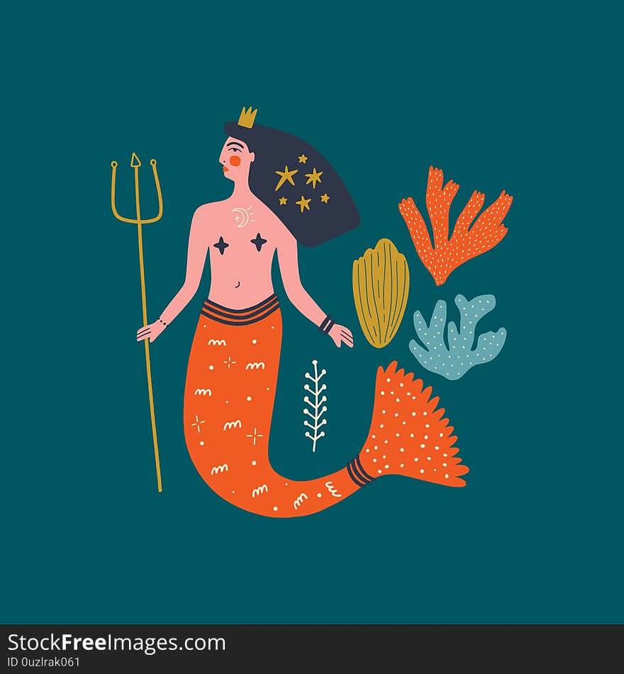 Flat cartoon boho hipster mermaid vector illustration, modern art
