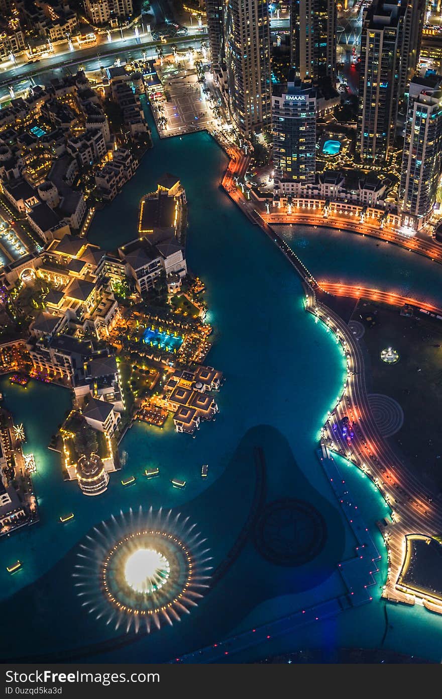 Dubai night view seen from the observation deck of Burj Khalifa. Shooting location :  Dubai