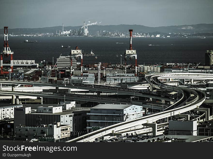 Yokohama townscape visible from the Marine Tower monochrome