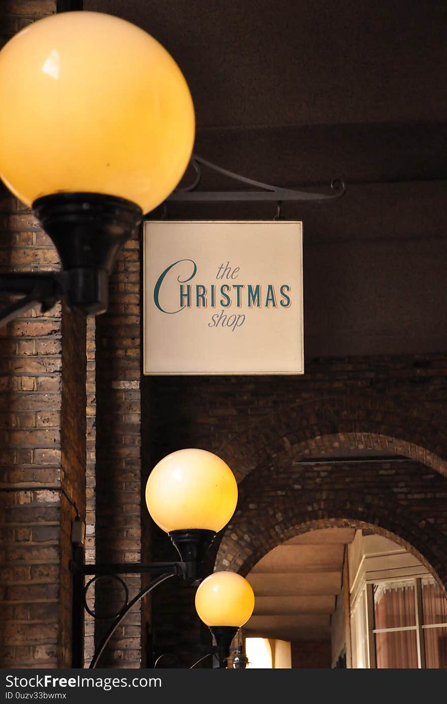 Street lights and arcades in a commercial gallery in London.