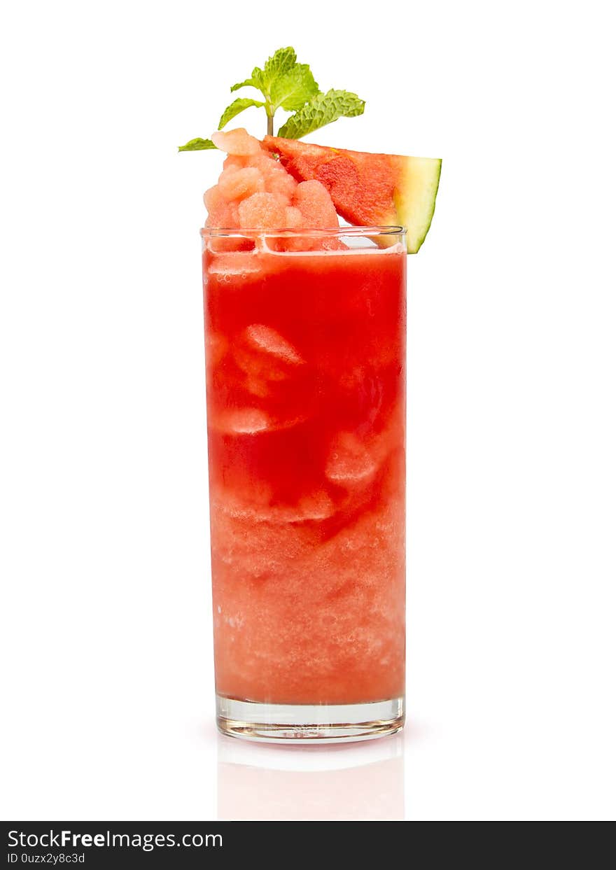 Watermelon smoothie garnished with watermelon slices and mint leaves isolated on n white background clipping path. Watermelon smoothie garnished with watermelon slices and mint leaves isolated on n white background clipping path