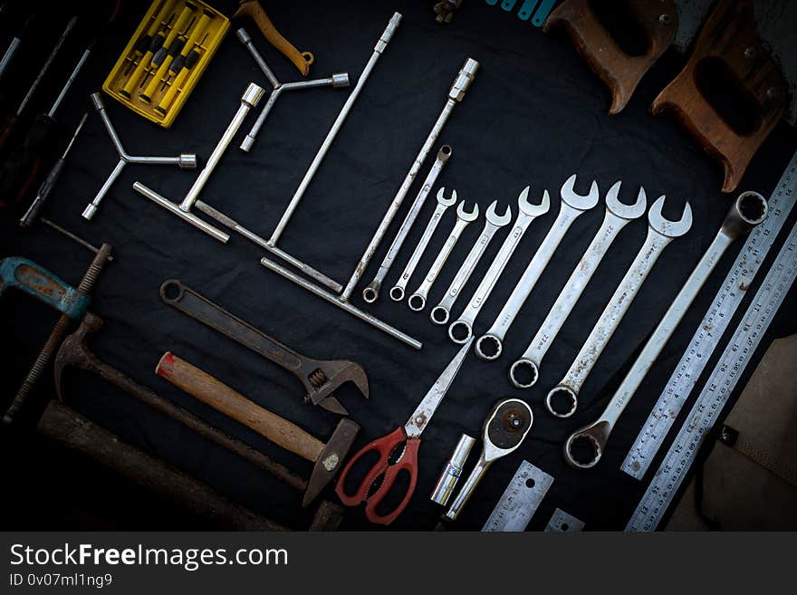 Photo top view a huge set collection of working hand and power tools many for the wooden on isolated black background, Toolset with interior,  do-it-yourself  DIY tool, kit flat style, Stock hardware