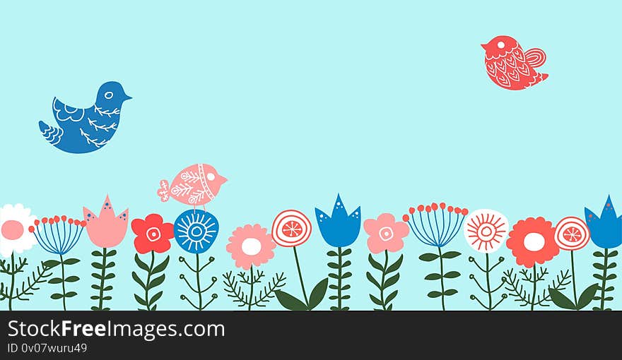 Colorful vector ethnic hand drawn spring background with cartoon flowers and birds.