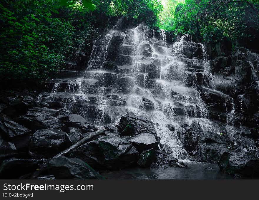 Kanto Lampo waterfall flowing on rock in long exposure.