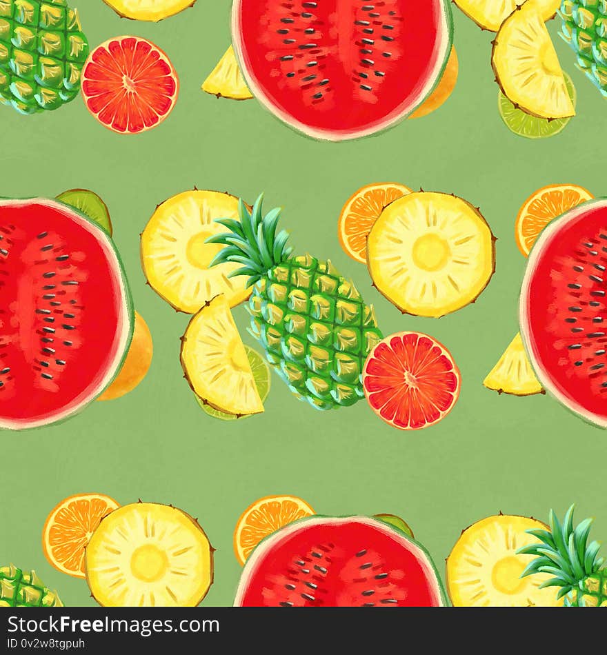 Hand drawn seamless pattern with bananas, orange, pineapples and watermelon. Summer background with exotic fruits. Top view. Wallpaper or textile tropic print. Hand drawn seamless pattern with bananas, orange, pineapples and watermelon. Summer background with exotic fruits. Top view. Wallpaper or textile tropic print