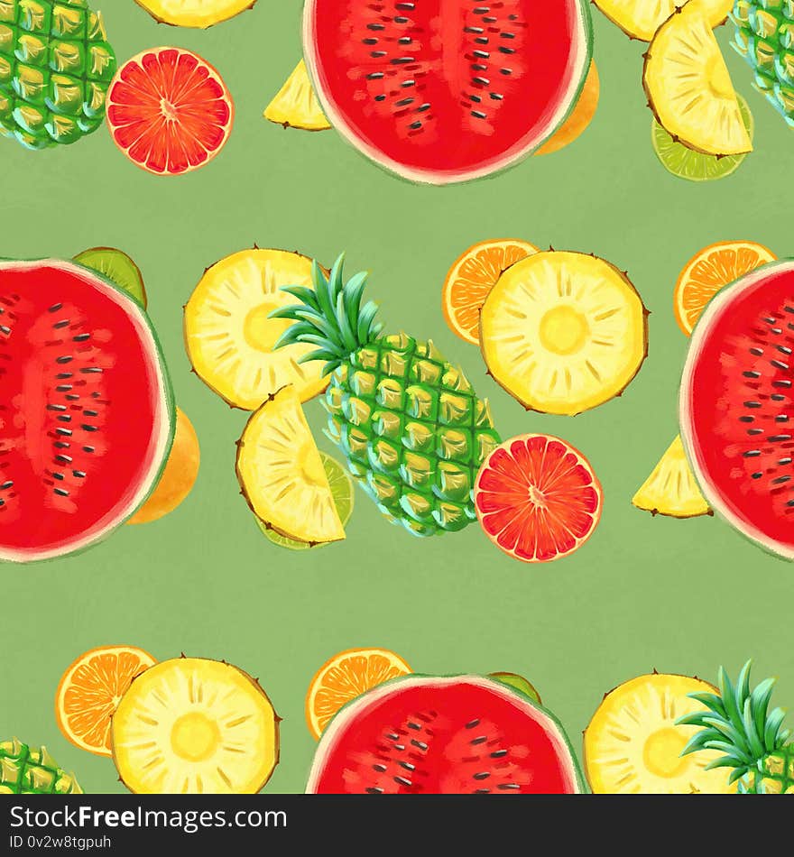 Hand drawn seamless pattern. Summer background with exotic fruits.