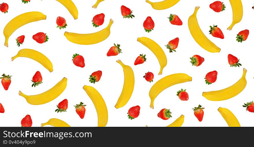 Seamless pattern of banana and strawberry on white. Summer fruit and berries background concept