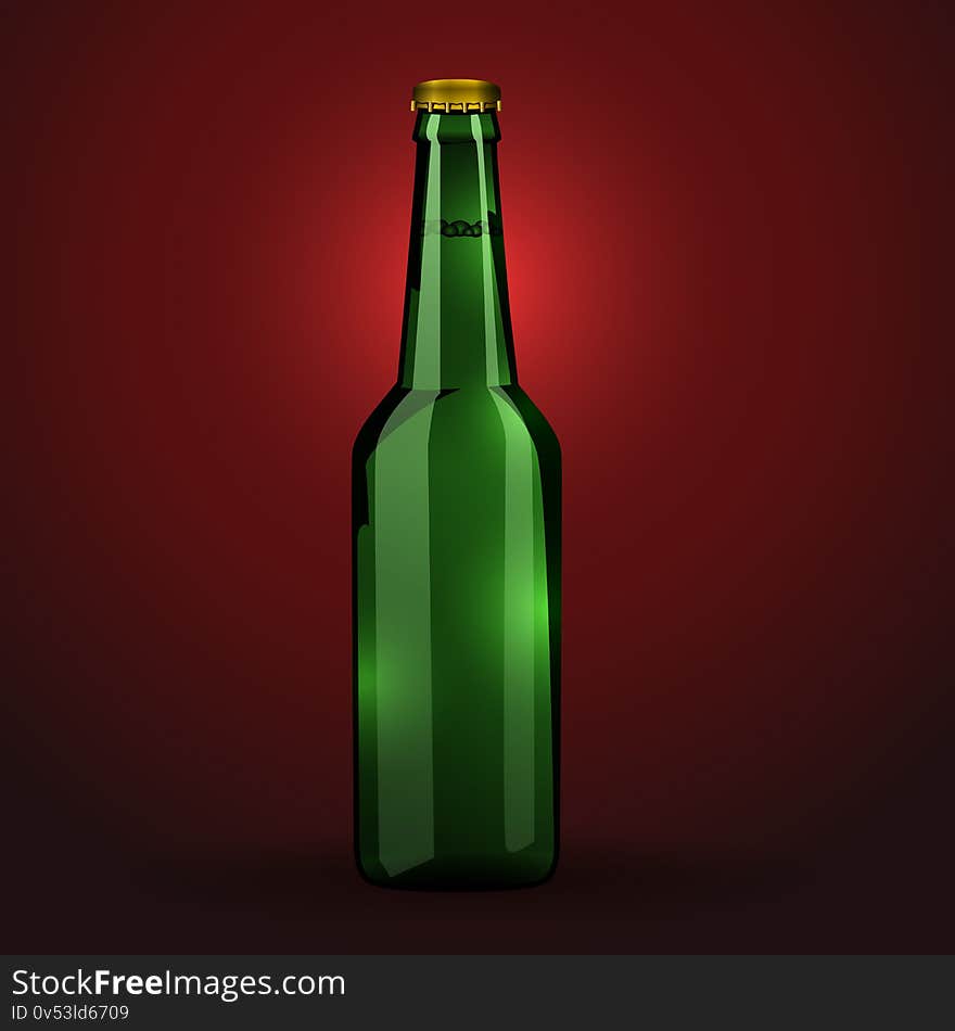 Green beer bottle On Red Background Isolated.. Vector Illustration.