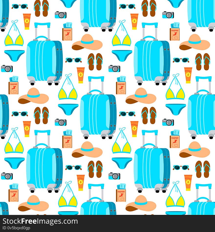 Travel seamless pattern isolated on white backgroun. Flat design cartoon style suitcase with women things vector endless print. Summer vacation background with traveling accessories.