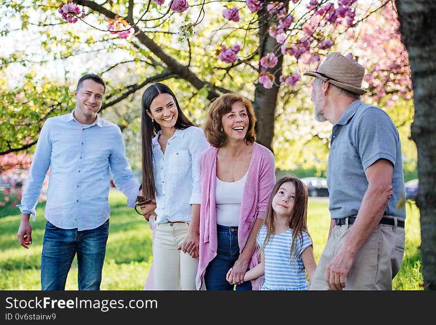 Three generation family on a walk outside in spring nature.