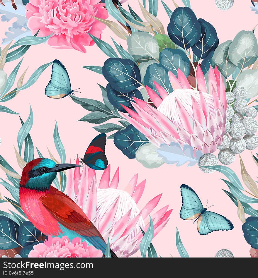 Vector seamless pattern with birds and protea