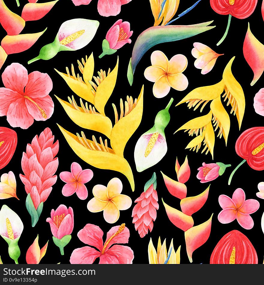 Watercolor seamless pattern of hand-drawn flowers from humid rainforest. Bright trendy tropical design on black background for fabric, gift wrap, cards decoration, digital paper, banners