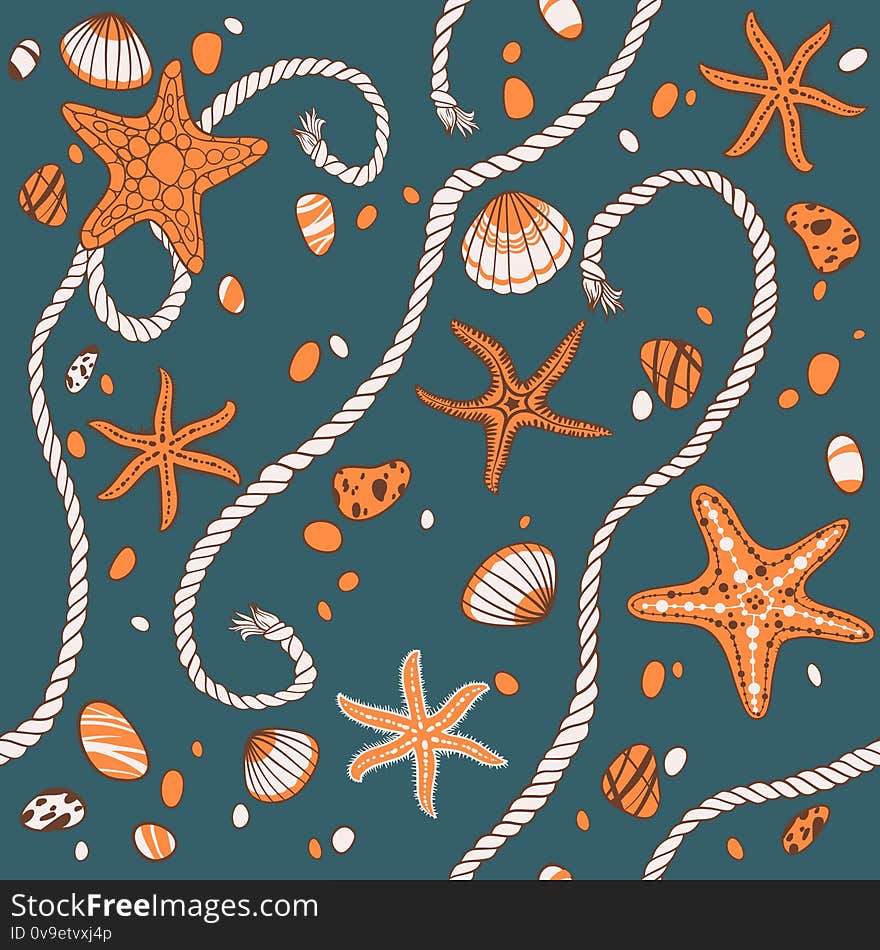 Hand drawn seastars, rope, seastones and seashells on wooden background, vector seamless pattern