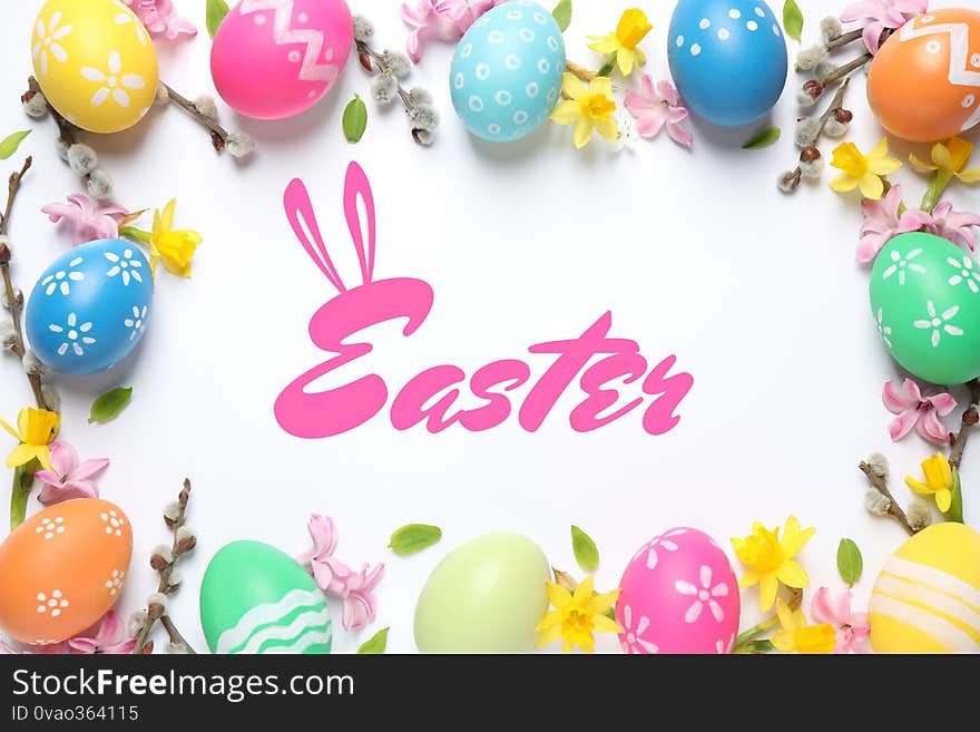 Flat lay composition with bright eggs and word Easter on white background, flat lay