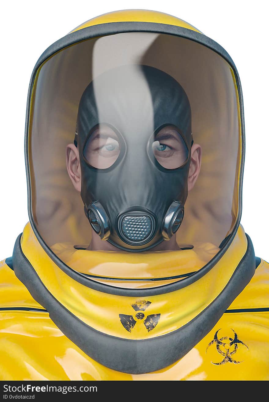 Man in a biohazard suit portrait, 3d illustration