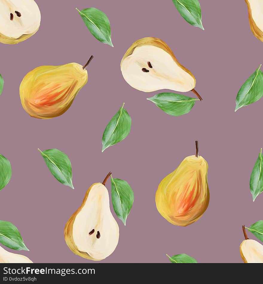 Harvest sweet pears with leaves fruit gouache illustration freehand drawn seamless pattern. Food pattern, painted manually on tan background