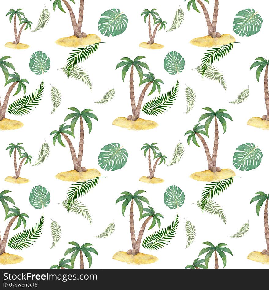 Hand Drawn Watercolor Seamless Pattern With Tropical Plants And Leaves Palm Tree On White Background