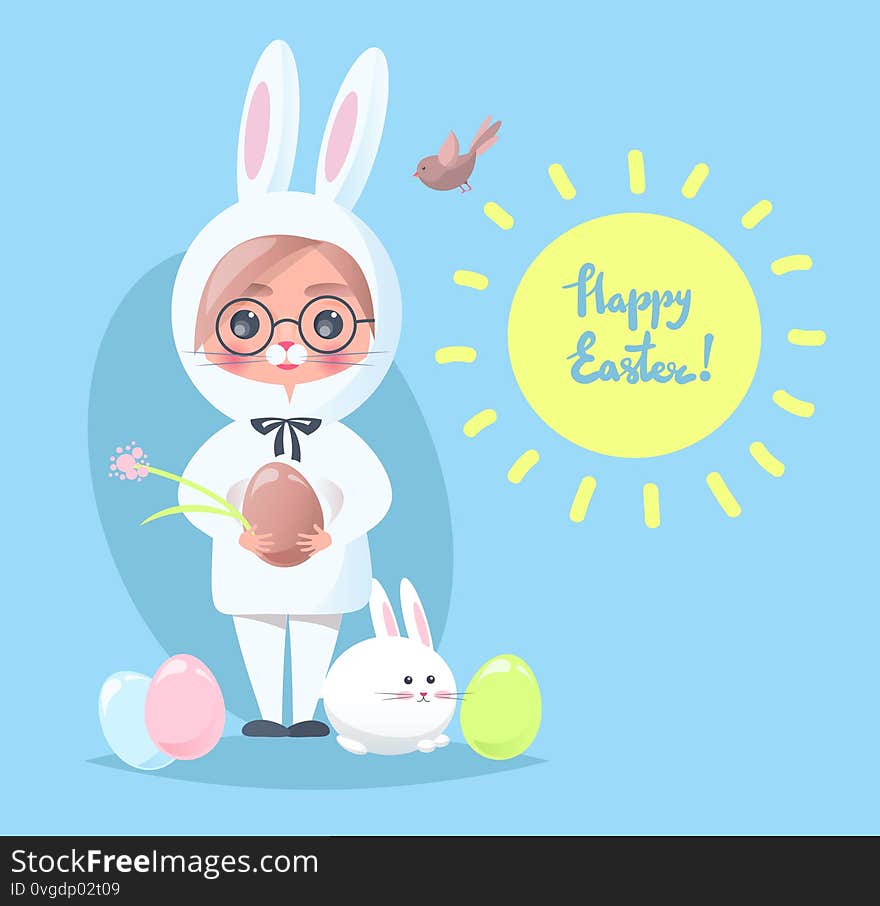 Baby boy in a rabbit costume. Easter greeting card