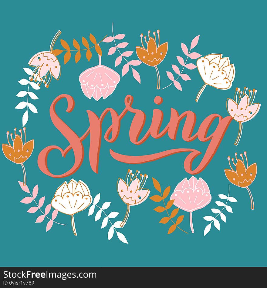 Spring lettering text illustration. Handwritten typography design. Trendy font poster, card, print, planner cover. Vector eps 10