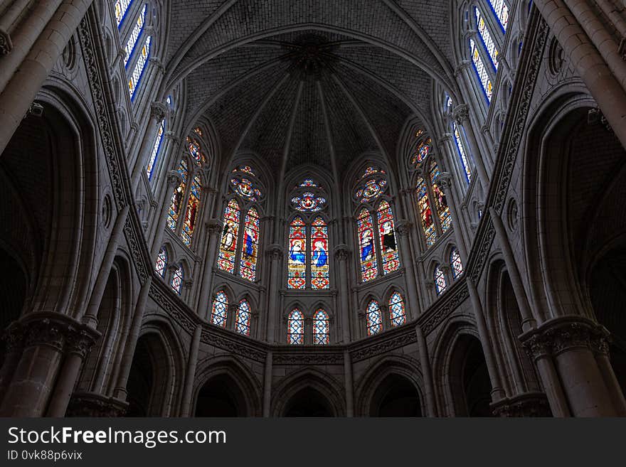 Photography of Cholet`s Cathedral chancel. Chancel of a Cathedral in France, 2020.