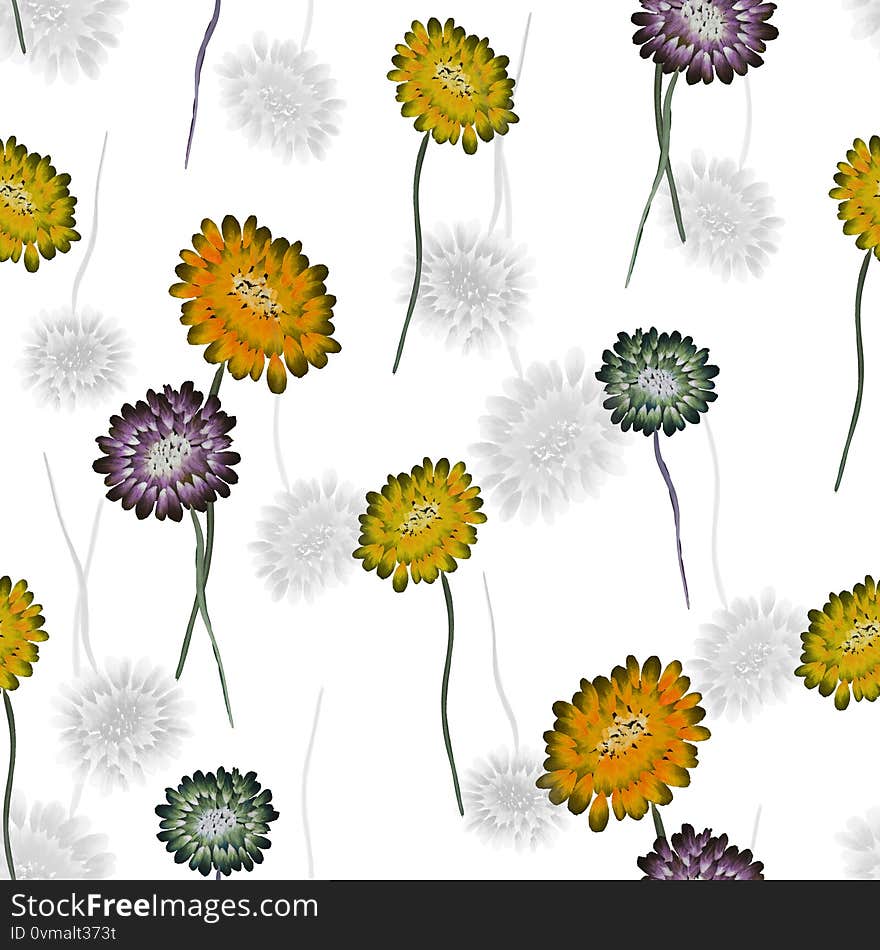 Seamless Pattern Of Wild Small Yellow, Violet And Green Flowers On A White Background. Watercolor