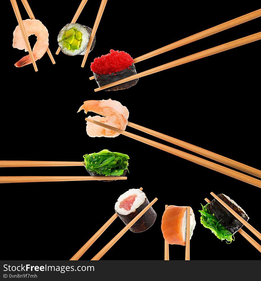 Collage Of Different Sushi Rolls And Shrimps On Background