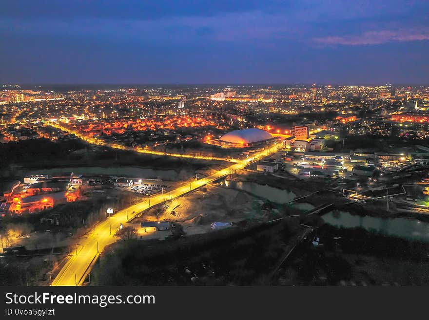 Bright multi-colored lights of evening Ivanovo from a bird`s eye view