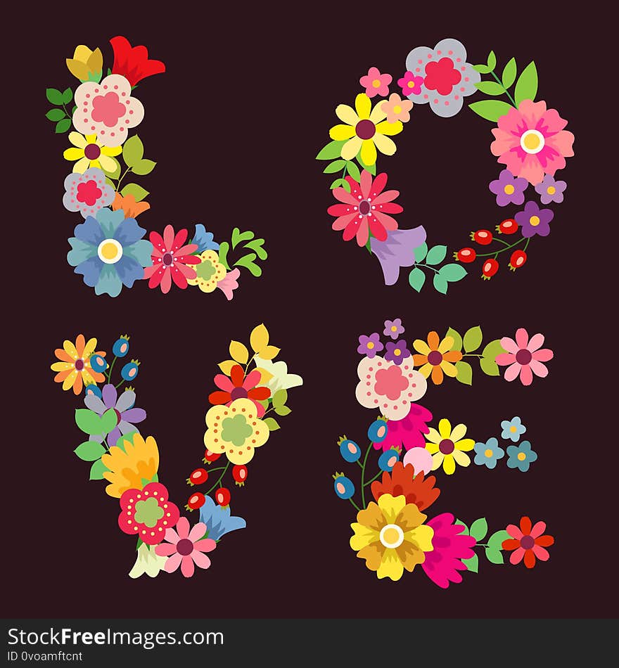 Love letter by flower. letter L, O, V, and E decorative cute floral. Love letter by flower. letter L, O, V, and E decorative cute floral