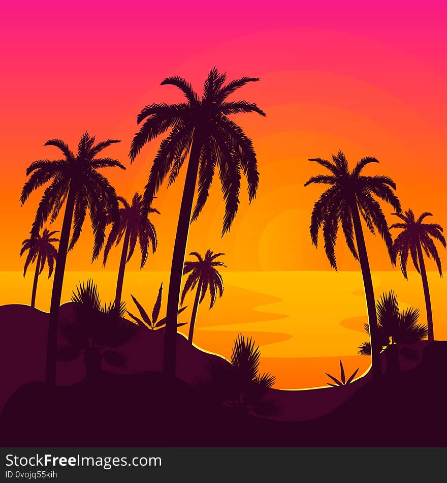 Tropical beach with palm trees and ocean with sun reflection. Summer vacation or resort at sunset. Island with plants vector illustration.