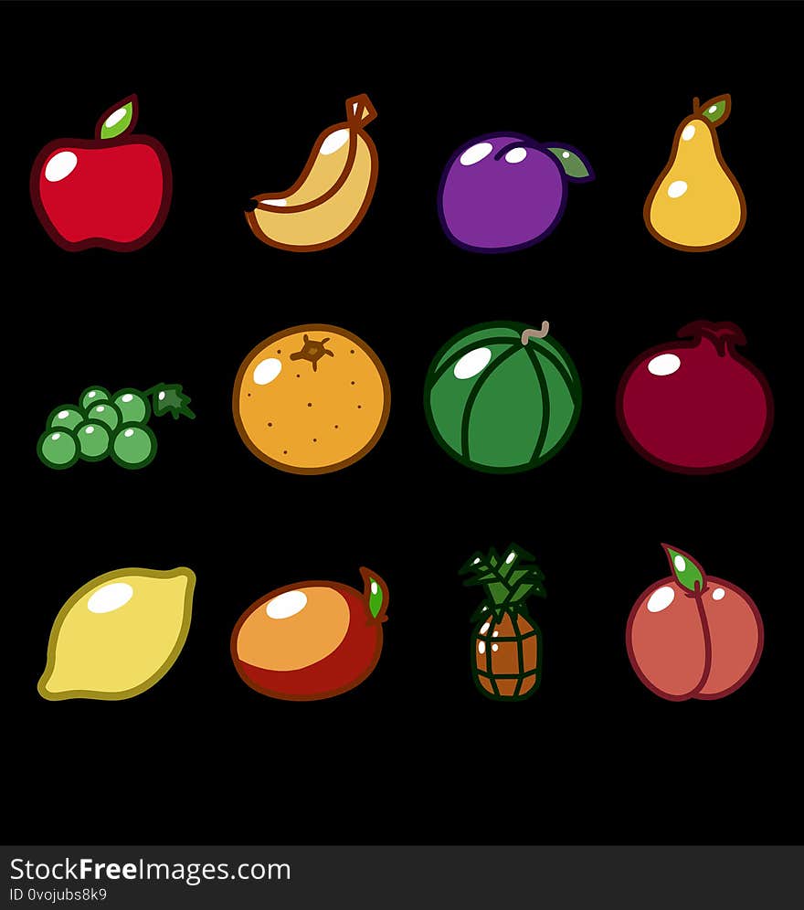 Simple cartoon vector icons 12 fruits. Simple cartoon vector icons 12 fruits