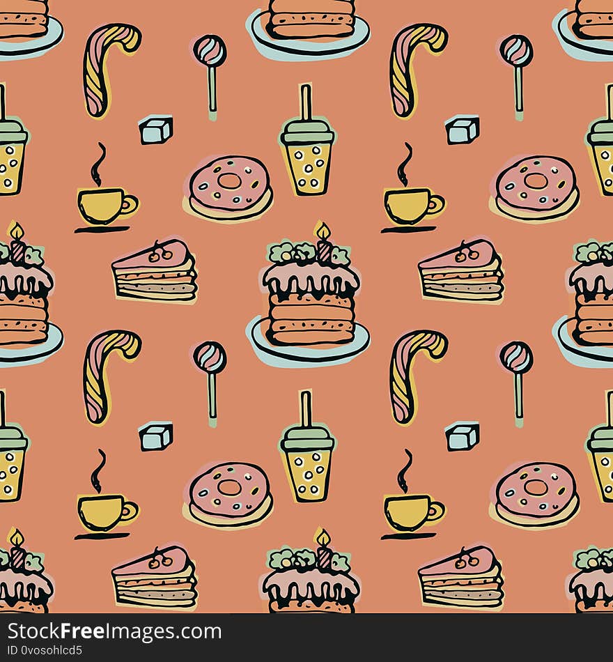 Desserts seamless pattern on a pink background. Hand-drawn vector doodle illustration. Desserts seamless pattern on a pink background. Hand-drawn vector doodle illustration